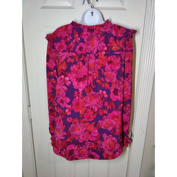 Adyson Parker Pink Purple Floral Ruffle Button-Up High Low LS Blouse Top L - Picture 2 of 9